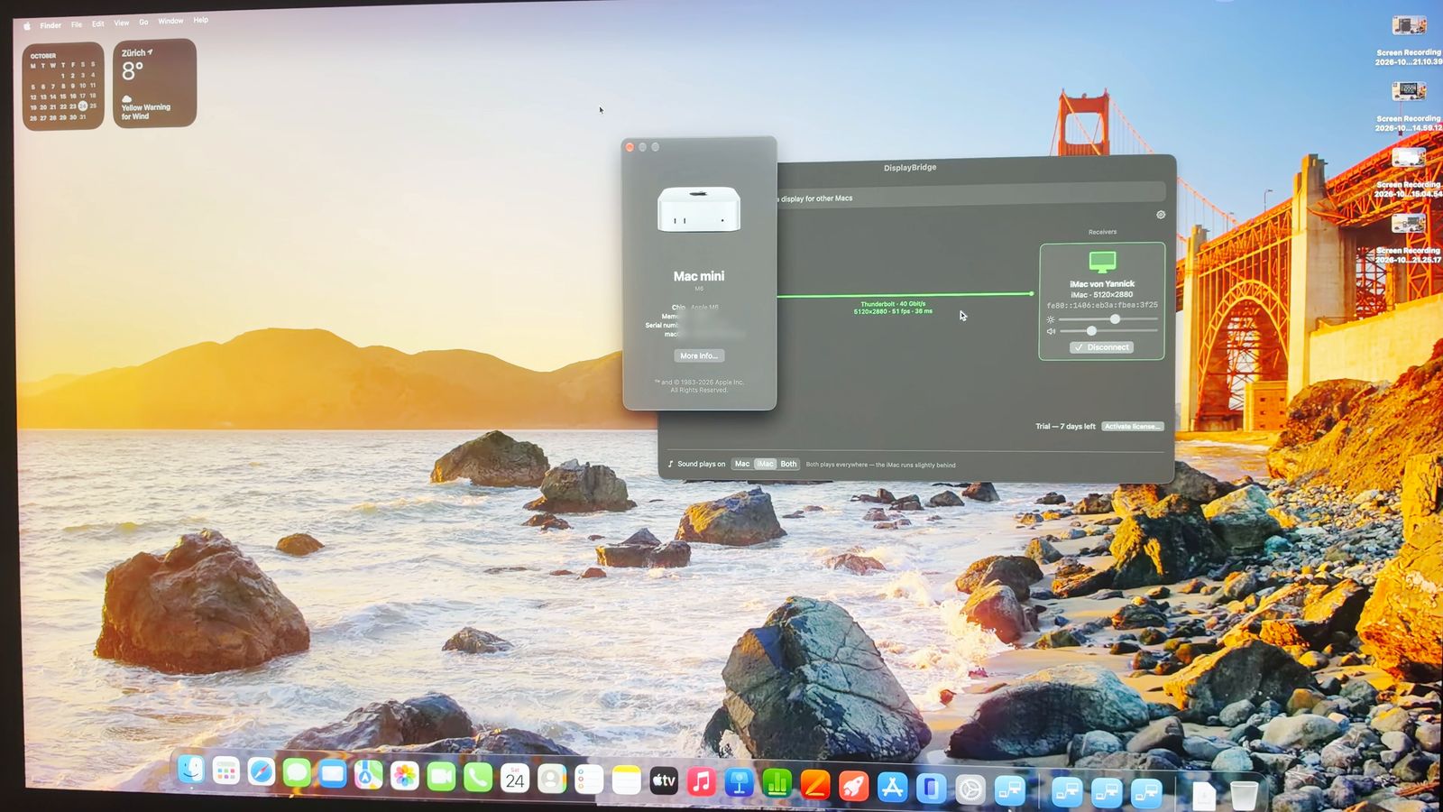 The iMac's screen showing the Mac mini's desktop: the About This Mac window says Mac mini, and the DisplayBridge window shows a green connection to the iMac at 5120 × 2880.