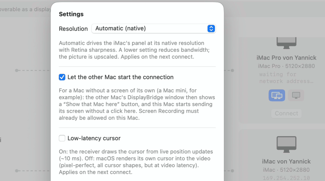 The Settings sheet in DisplayBridge on the Mac mini, with the checkbox Let the other Mac start the connection turned on and its explanation: for a Mac without a screen of its own, the other Mac's DisplayBridge window then shows a Show that Mac here button.