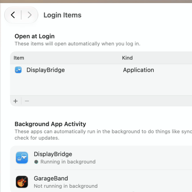 System Settings on the Mac mini, Login Items: under Open at Login, DisplayBridge is listed as an Application. Below, under Background App Activity, DisplayBridge is running in the background.