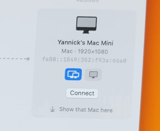 The Mac mini's card in DisplayBridge on the iMac: the name, Mac, 1920 × 1080, the Extend and Mirror icons, a Connect button and below it the Show that Mac here button.