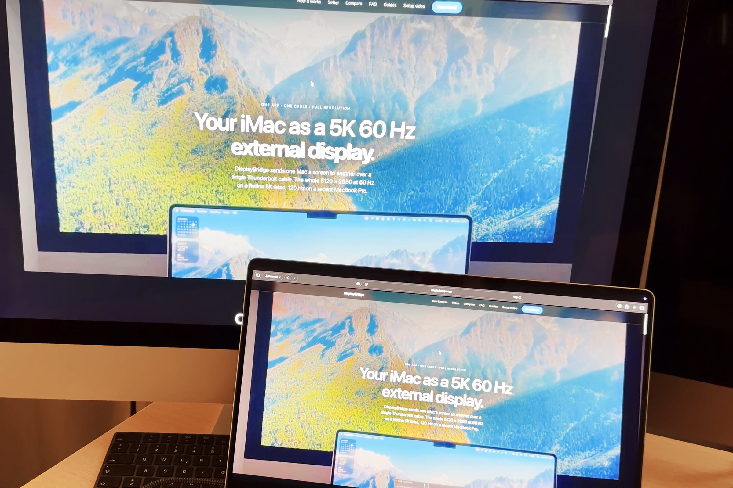 A 27-inch iMac in Mirror mode, showing exactly the same web page as the MacBook Pro in front of it.