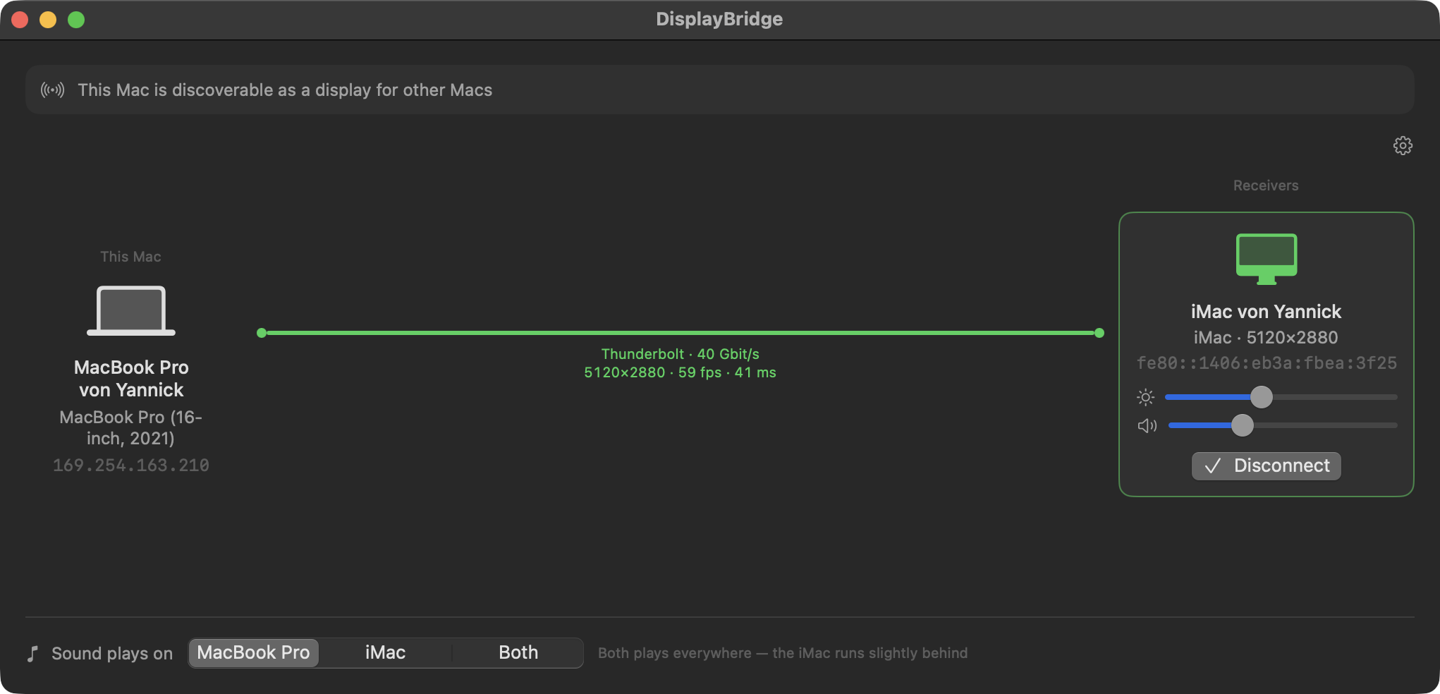 The DisplayBridge window while connected: a green line labelled Thunderbolt, 40 Gbit/s, 5120×2880, 59 fps, 41 ms to the iMac card, which shows brightness and volume sliders and a Disconnect button. At the bottom: Sound plays on MacBook Pro, iMac or Both.