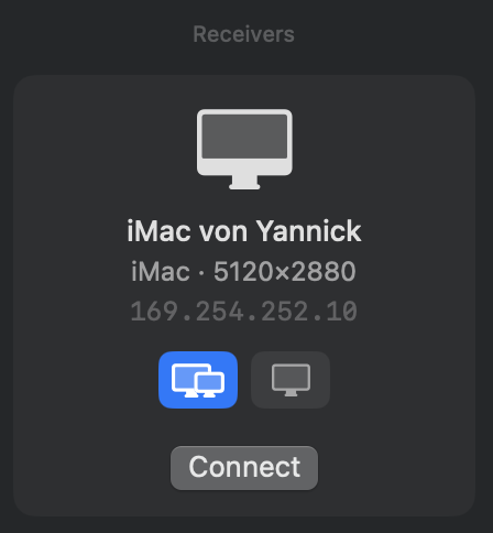 The iMac's card under Receivers in the DisplayBridge window: iMac von Yannick, iMac, 5120×2880, the Extend button (two screens) selected in blue, the Mirror button (one screen) next to it, and a Connect button below.