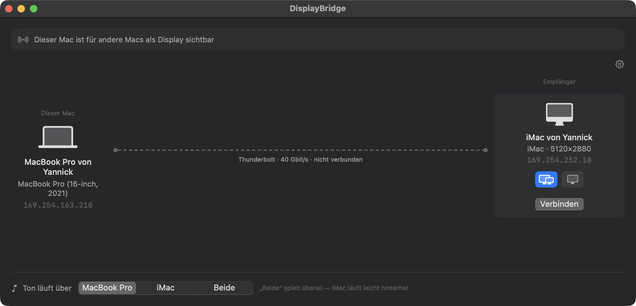 Das DisplayBridge-Fenster nach dem Einstecken des Kabels: links Dieser Mac, eine gestrichelte Linie mit Thunderbolt · 40 Gbit/s · nicht verbunden, rechts unter Empfänger die Karte iMac von Yannick, iMac · 5120×2880, mit der ausgewählten Taste Erweitern, daneben Spiegeln, und darunter Verbinden. Unten: Ton läuft über MacBook Pro, iMac oder Beide.