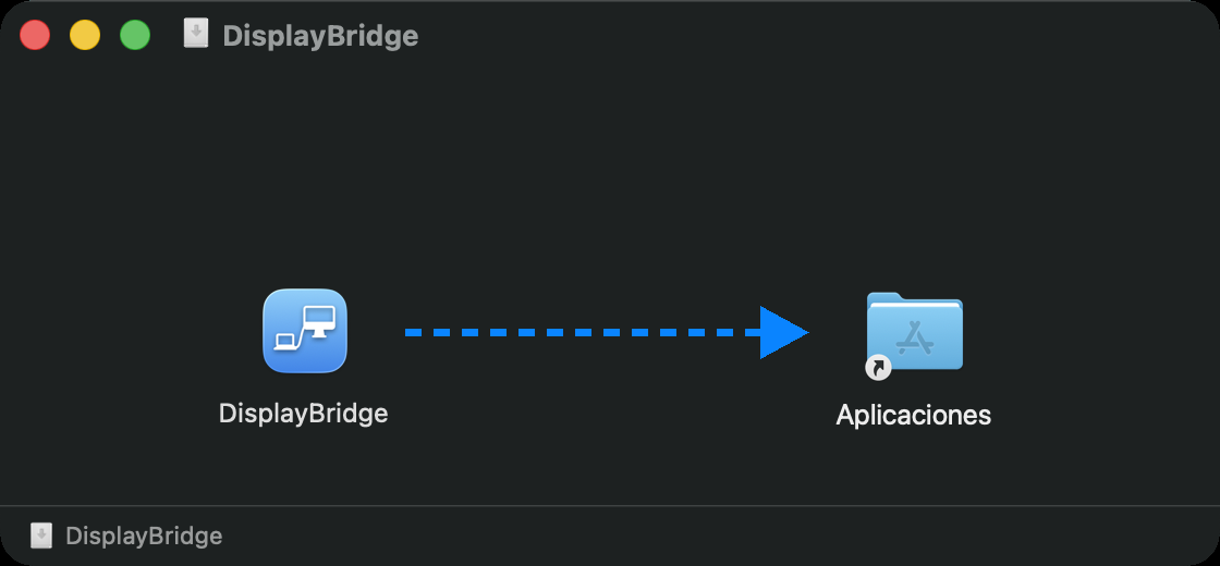 La ventana de instalación de DisplayBridge: a la izquierda el icono de la app DisplayBridge, a la derecha la carpeta Aplicaciones, y una flecha de la app a la carpeta.