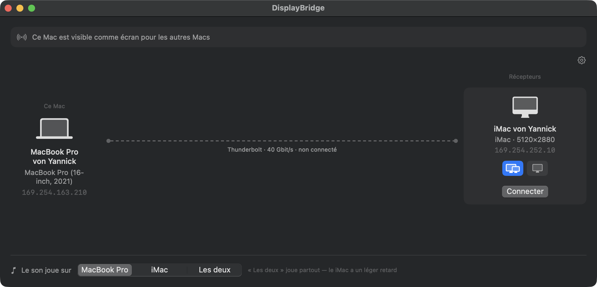 La fenêtre DisplayBridge après le branchement du câble : à gauche Ce Mac, le MacBook Pro, une ligne pointillée Thunderbolt · 40 Gbit/s · non connecté, et à droite, sous Récepteurs, la carte iMac von Yannick, iMac · 5120×2880, avec Étendre sélectionné, Recopier à côté et le bouton Connecter. En bas : Le son joue sur MacBook Pro, iMac ou Les deux.