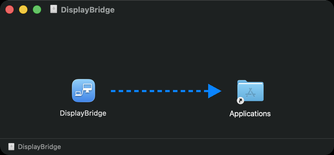 La fenêtre d'installation de DisplayBridge : l'icône de l'app DisplayBridge à gauche, le dossier Applications à droite, et une flèche de l'app vers le dossier.