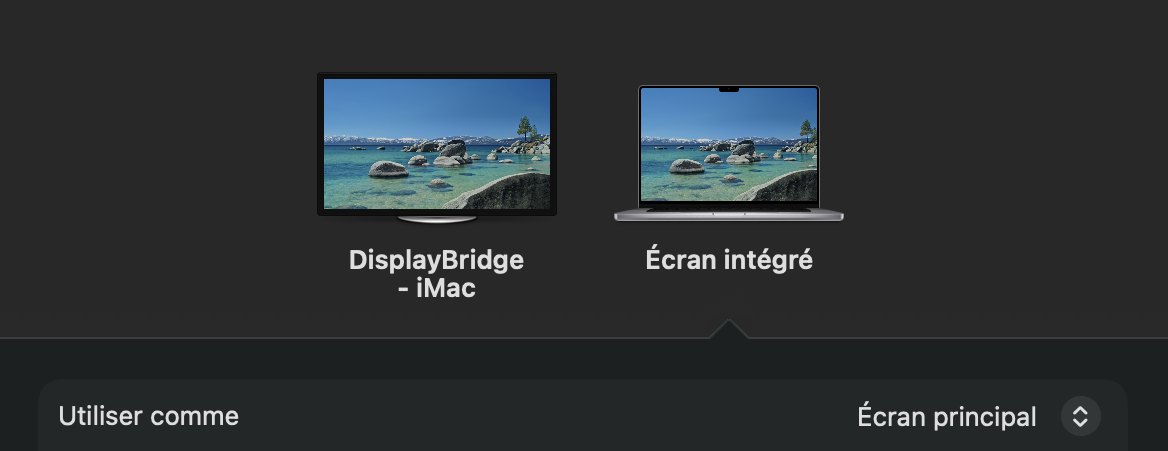 Réglages Système, Moniteurs : deux icônes de moniteur, DisplayBridge - iMac et Écran intégré.