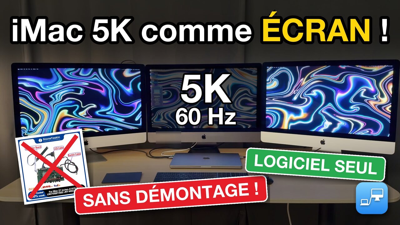 Trois iMac 5K utilisés comme écrans pour un MacBook Pro, sans démontage