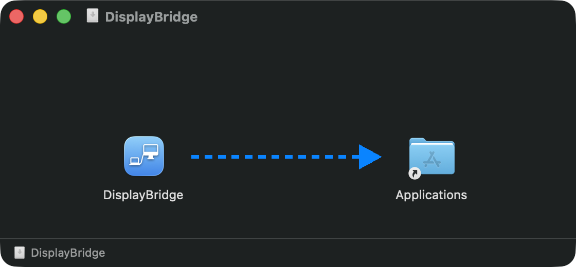 The DisplayBridge installer window: the DisplayBridge app icon on the left, the Applications folder on the right, and an arrow from the app to the folder.
