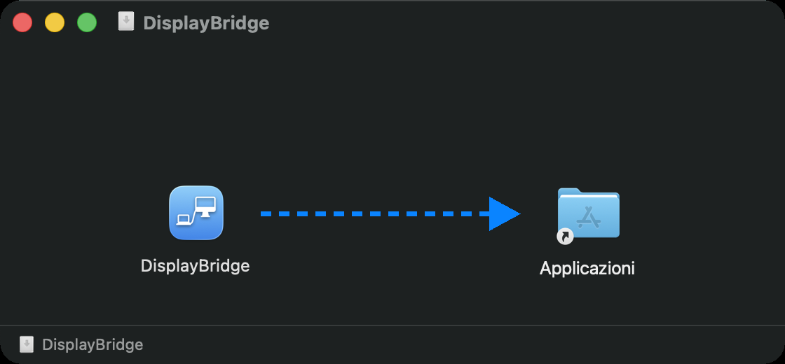 La finestra di installazione di DisplayBridge: l’icona dell’app DisplayBridge a sinistra, la cartella Applicazioni a destra e una freccia dall’app alla cartella.