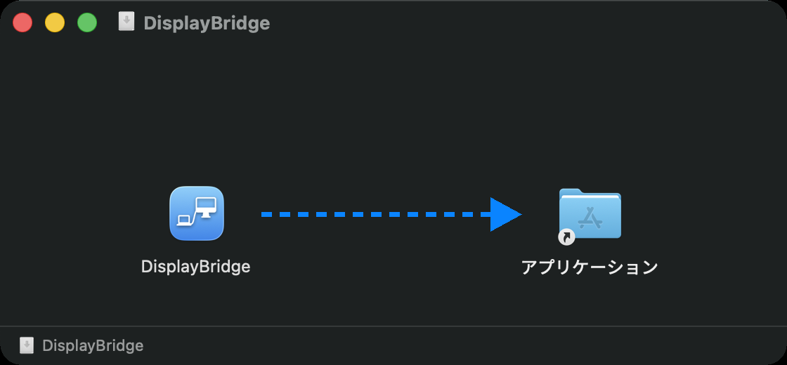 DisplayBridgeのインストーラのウインドウ。左にDisplayBridgeのAppアイコン、右に「アプリケーション」フォルダがあり、Appからフォルダへ矢印が描かれています。
