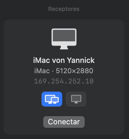 O cartão do iMac em Receptores, na janela do DisplayBridge: iMac von Yannick, iMac, 5120×2880, o botão Estender (duas telas) selecionado em azul, o botão Espelhar (uma tela) ao lado e um botão Conectar abaixo.