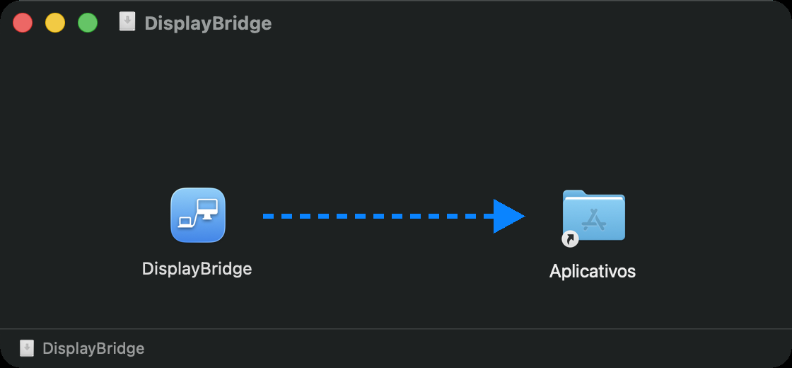 A janela de instalação do DisplayBridge: o ícone do app DisplayBridge à esquerda, a pasta Aplicativos à direita e uma seta do app para a pasta.