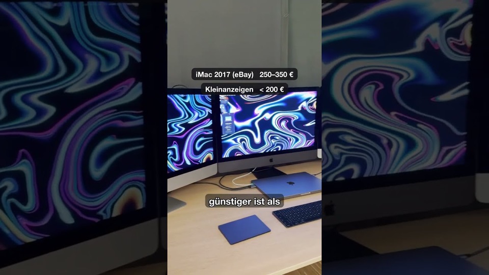 Zwei 5K-iMacs als Bildschirme eines MacBook, mit eingeblendeten Gebrauchtpreisen für den iMac 2017