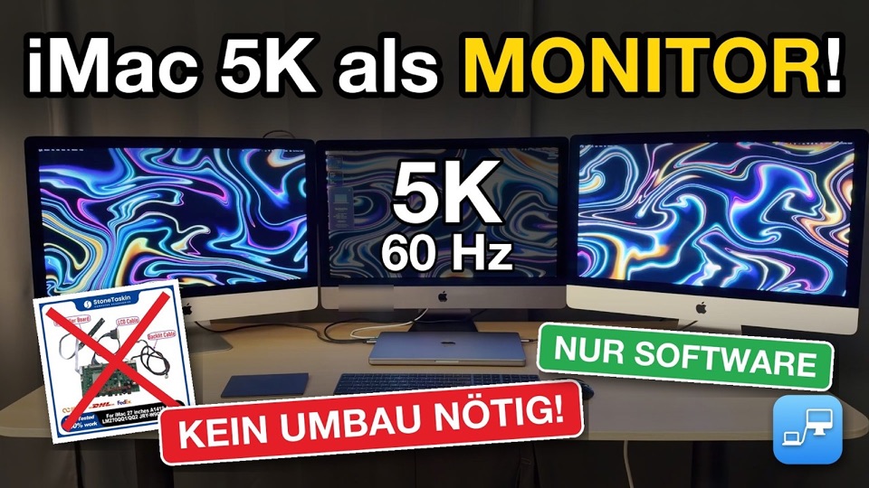 Drei 5K-iMacs als Bildschirme für ein MacBook, nur mit Software, ohne Umbau