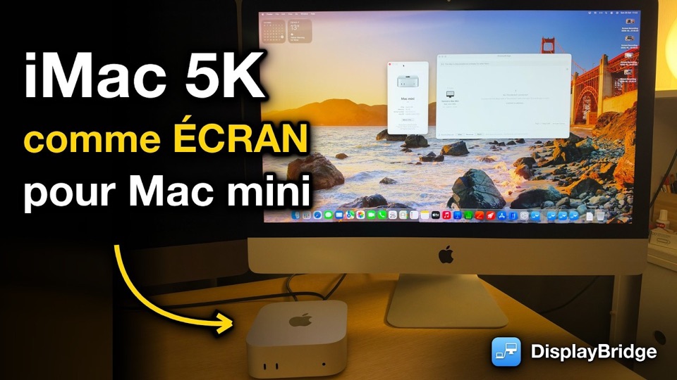 Un iMac 5K qui sert d'écran au Mac mini posé devant lui