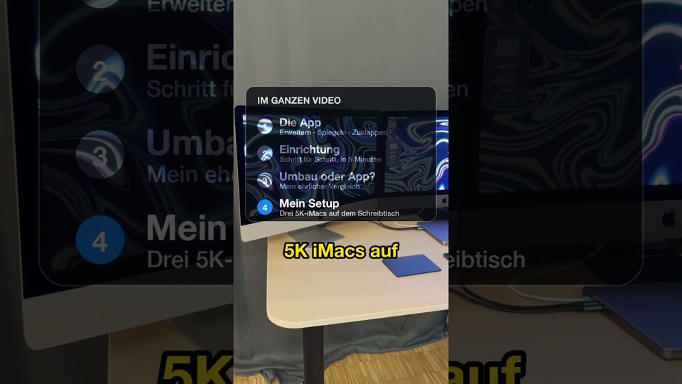 Ein Kurzvideo: die Kapitel der Anleitung, eingeblendet vor einem iMac auf dem Schreibtisch